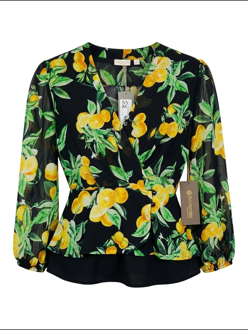 New Eva Mendes For New York & Company Lemon Print Blouse Black Yellow Small